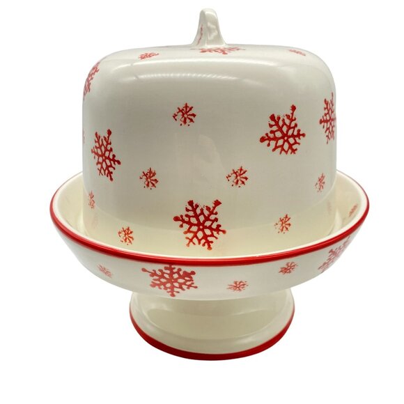 Farval Red white snowflake print covered pie cake dessert stand plate cookies Po - Picture 2 of 14